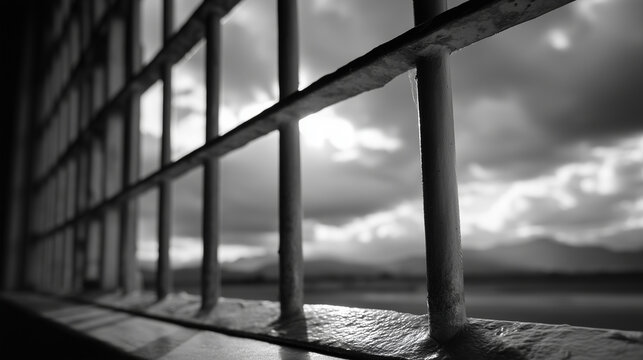 Behind the cold, unyielding iron bars, the world is reduced to narrow strips of light and shadow. The prison window, framed by thick steel, allows only a distant glimpse of freedom