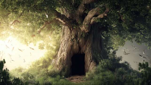 Large ancient oak tree with dark hollow opening in trunk. Magical forest landscape with flying birds and morning sunlight. Fantasy nature scene representing mystery and woodland habitat.