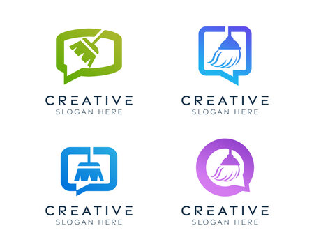 Set of cleaning message logo design templates. Modern isolated speech bubble with broom design for cleaning, management, and waste services.