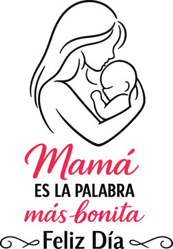 Mama es la palabra mas bonita quote, Spanish mothers day design, mom love illustration, mother baby line art, heartfelt typography, greeting card design, printable poster, minimal elegant vector