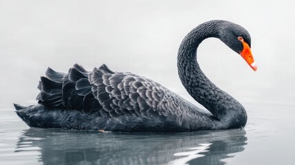 Fototapeta premium Black swan swimming on calm lake water. Elegant bird with red beak floating on misty pond. Symbol of grace, beauty, luxury and unique nature. Wild animal in peaceful environment.
