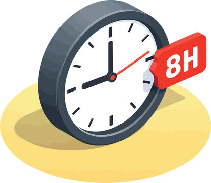 Isometric wall clock with 8H notification tag, eight hour work day concept vector, time management business icon