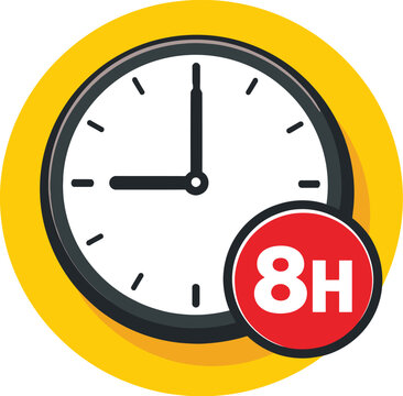 Flat clock icon with 8h symbol, eight hours work shift duration vector, time management and productivity concept