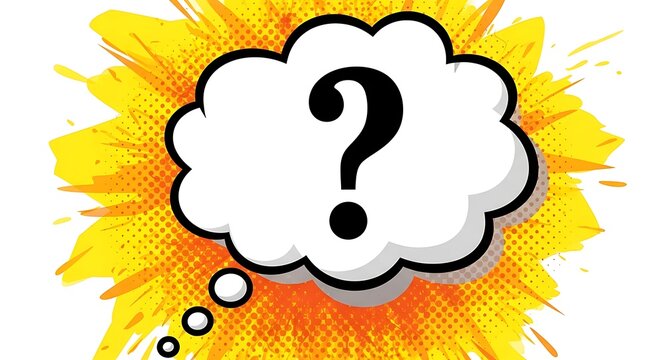 A large white thought bubble containing a question mark, set against a vibrant, explosive yellow comic book background.