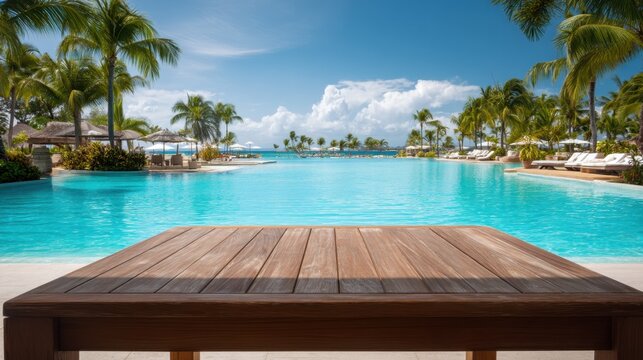 Empty wooden table in front of infinity pool at tropical resort. Summer vacation background with palm tree and blue sea. Paradise travel destination scene for product display.