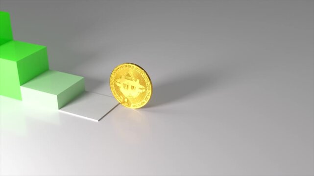 Golden bitcoin cryptocurrency falling down a green staircase, symbolizing the concept of a financial market crash, price decline, bear market, and investment volatility on a clean background