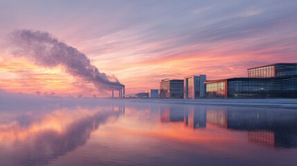 Fototapeta premium Industrial landscape with factory building emitting smoke near water at sunrise. Environmental pollution and heavy industry concept. Modern plant architecture reflecting in the lake.