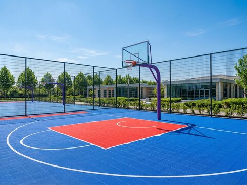 Outdoor basketball court with colorful blue and red flooring, fenced multi court sports area in modern campus setting under clear sky