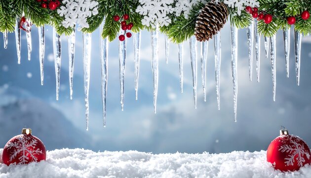 Festive winter frame icicles, snow, red ornaments against blurred mountain backdrop with fir garland accent above