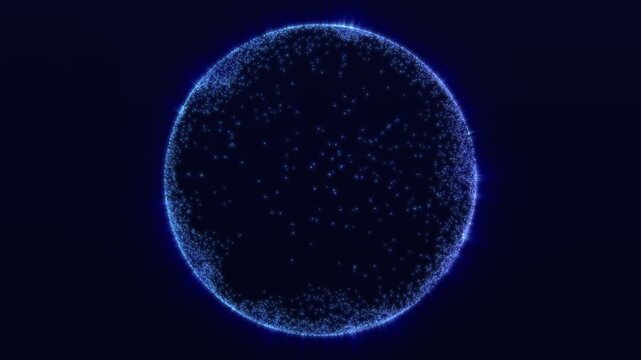 Abstract glowing blue particle sphere with dynamic energy field and digital data network structure futuristic technology background with light dots depth and seamless loop animation 4K resolution