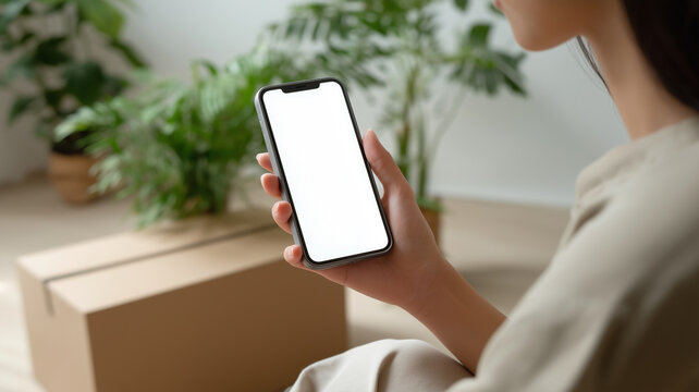 段ボールのある室内でスマートフォンを操作する女性 ネットショッピングと生活シーンのイメージ