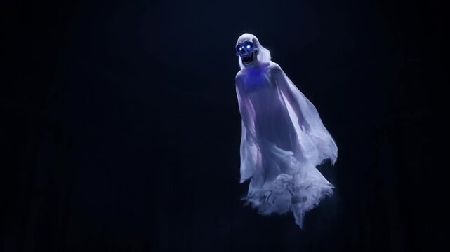 Celestial Being in Darkness: A ethereal figure, cloaked in flowing white fabric, hovers in the inky blackness, exuding an aura of mystery and otherworldly grace.