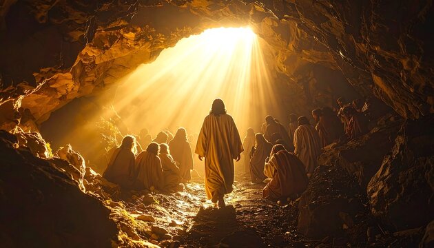 Figure leads followers out of dark cave into brilliant, sunlit opening, robes visible