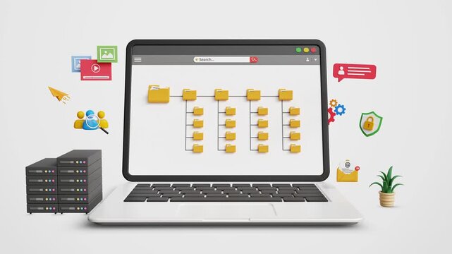 Folder Hierarchy Structure, Document Management System, DMS Concept. Digital Storage, Saving Classifying Files. Organizing Digital Files and Folders on Laptop. 4K 3D Video Animation