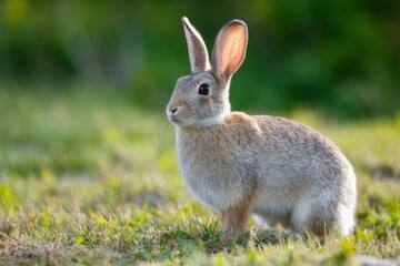 Obraz premium Small rabbit on green grass closeup with upright ears attentive youthful posture in bright natural meadow setting