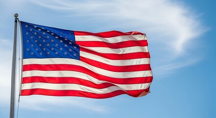 Obraz premium American flag waving in the breeze against a bright blue sky