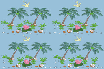 Seamless tropical island pattern featuring palm trees, coconuts, green plants, flying birds, and a cute pink snail on leaves. Playful and colorful cartoon style illustration on soft blue background © Romchalee