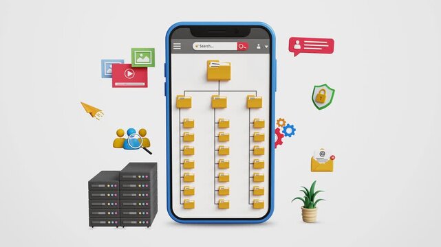 Folder Hierarchy Structure, Document Management System, DMS Concept. Digital Storage, Saving Classifying Files. Organizing Digital Files and Folders on Mobile. 4K 3D Video Animation
