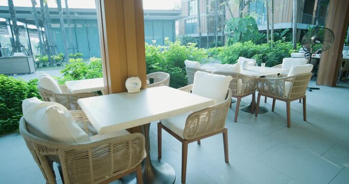 Hotel restaurant empty table breakfast food morning light travel business background