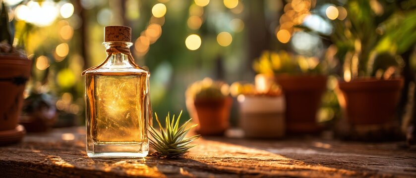 Agave Spirit Bottle with Succulents in Golden Hour. Unbranded tequila bottle against rustic backdrop. Concept Alcohol Photography, Tequila Bottle, Rustic Backdrop, Unbranded Product,Beverage Marketing