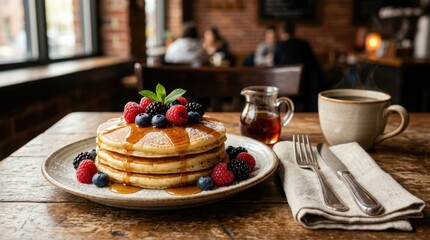 Delicious stack of pancakes with fresh berries and syrup served with coffee in a cafe