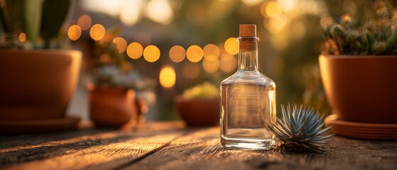 Obraz premium Agave Spirit Bottle with Succulents in Golden Hour. Unbranded tequila bottle against rustic backdrop. Concept Alcohol Photography, Tequila Bottle, Rustic Backdrop, Unbranded Product,Beverage Marketing