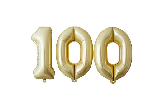 Golden 100 foil balloons celebrating a hundredth anniversary, birthday party, or significant milestone on transparent background