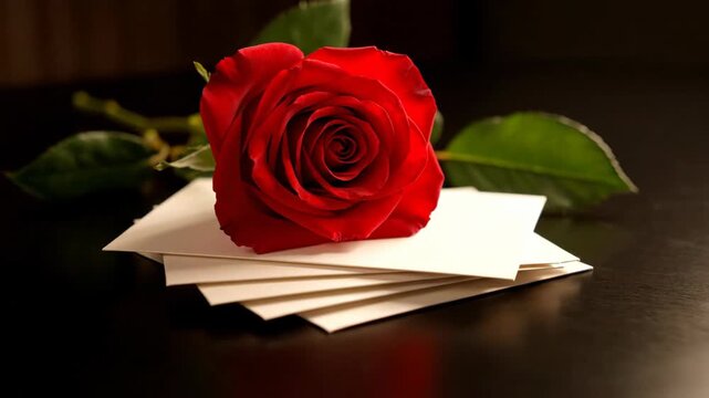 Red rose lying atop a stack of blank cards or envelopes closeup