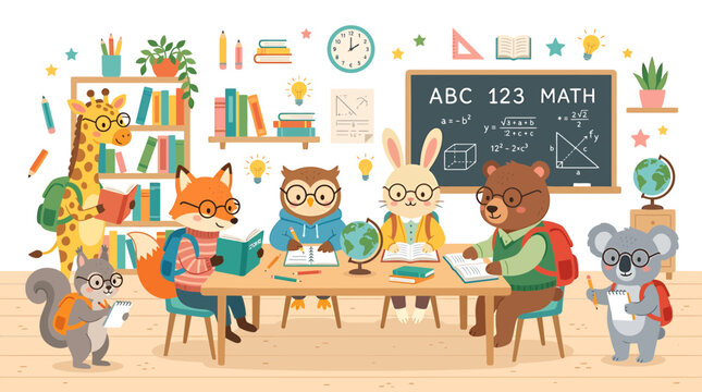 Cute Animals Studying in Classroom, Back to School, Education Concept