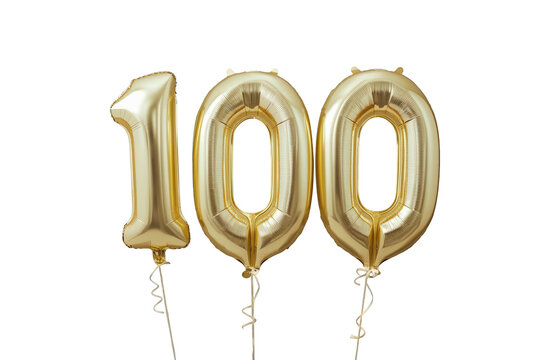 Golden number 100 foil balloons floating, representing a 100th anniversary or birthday celebration, on a transparent background