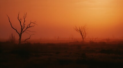 Fototapeta premium Silhouetted Trees In Misty Orange Sunset Landscape. Tranquil Evening Scene With Bare Trees