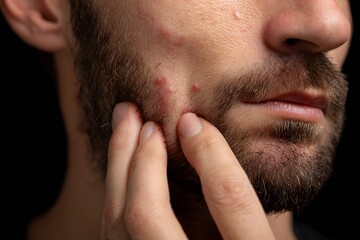 Fototapeta premium Man touching his face with acne on his cheek