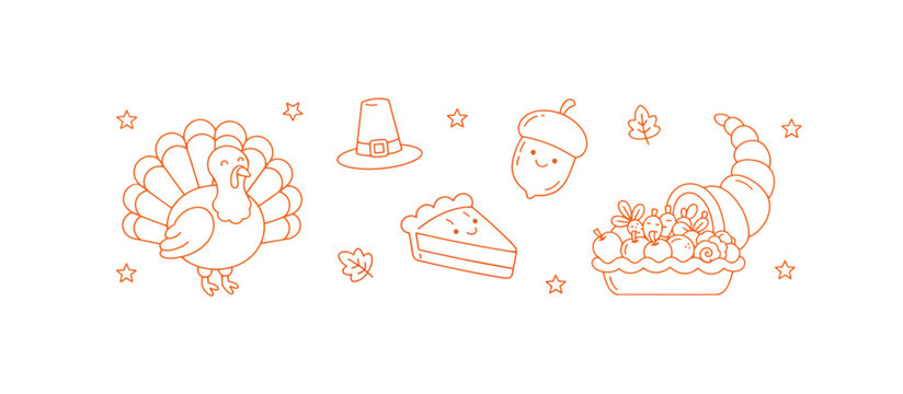 Thanksgiving holiday icons line art set. Turkey, cornucopia and pie outline vector illustration. Isolated on transparent background