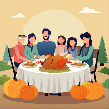 D&icirc;ner de Thanksgiving G&eacute;om&eacute;trique avec Dindon, Citrouilles et Famille R&eacute;unie
