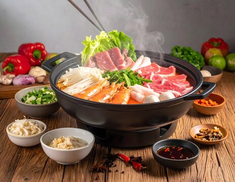 Vibrant hot pot brimming with fresh meats, crisp vegetables, and assorted mushrooms, creating an inviting communal dining experience on a rustic table