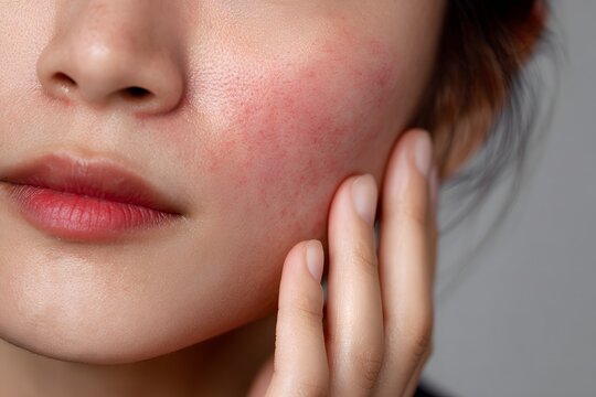 Woman touching her red, irritated cheek