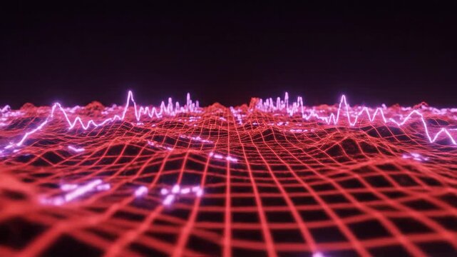 Abstract glowing red wavy lines pulse across a dark background in a futuristic topographic landscape visualization representing neon light effect, digital data flow, and high-tech synth wave