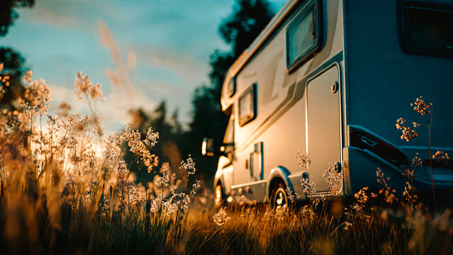 Camping-car gar&eacute; dans la campagne pour la nuit