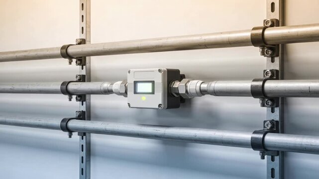 Industrial pipes and a digital flow meter mounted on a wall. The setup is designed for monitoring fluid flow in a facility.