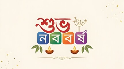 Fototapeta premium Bengali New Year Modern Typography Design with Colorful Shubho Noboborsho Text, Folk Bird, Fish Icons, and Oil Lamps on Cream Background