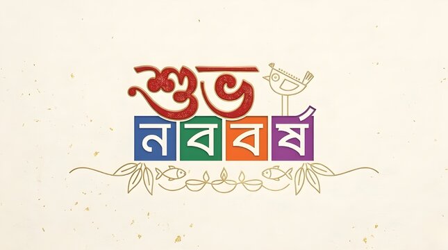 Bengali New Year Modern Typography Design with Colorful Shubho Noboborsho Text, Folk Bird, Fish Icons, and Oil Lamps on Cream Background