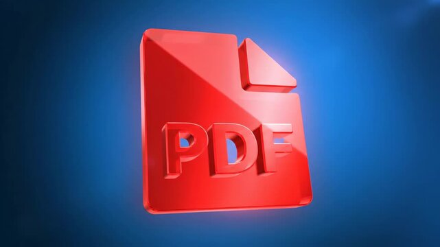 A red PDF file icon glows against a blue gradient backdrop, its translucent, illuminated form creating a sleek modern visual perfect for digital file-sharing and technology design themes.