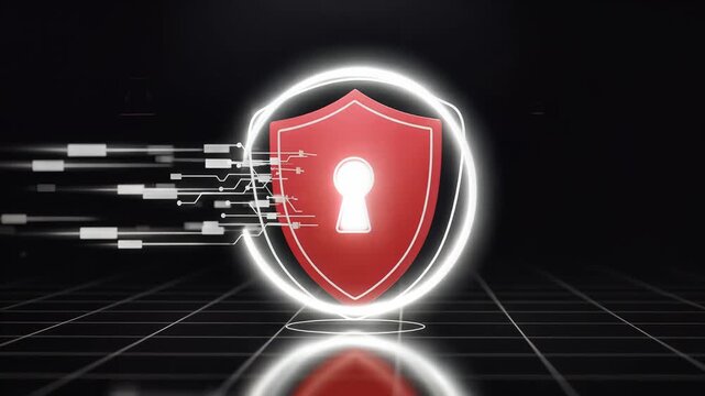 cybersecurity shield with keyhole glow on dark grid background