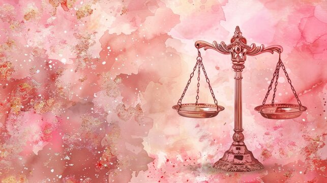 Pink watercolor background with ornate golden scales of justice. Scales balanced, symbolizing fairness and equilibrium. Ideal for legal, ethical, or creative projects