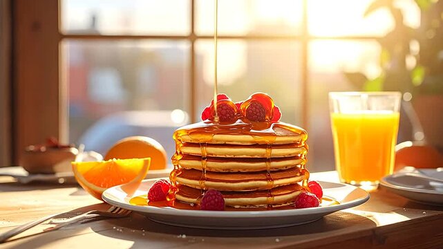 A stack of fluffy pancakes with fresh berries and syrup for a morning breakfast