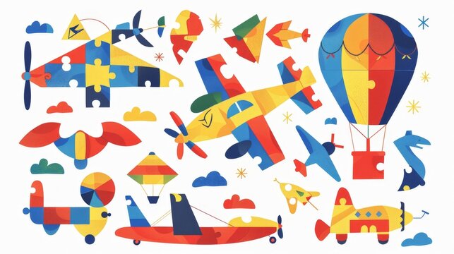 Vibrant, playful puzzle-style airplanes and hot air balloons float among clouds. Bright colors pop with cheerful shapes, perfect for children's content. Ideal for travel, education