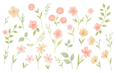 Naklejka premium Cute watercolour spring flowers, hand drawn abstract plants, natute elements for kids, floral isolated illustrations set