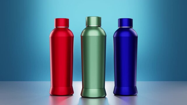 3D Metallic Bottle Mockup Animation on Blue Background with Alpha Matte