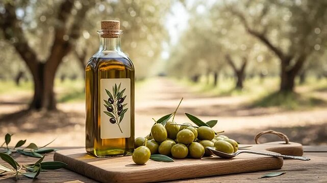 A glass bottle of golden olive oil sits on a wooden board in a sunny orchard