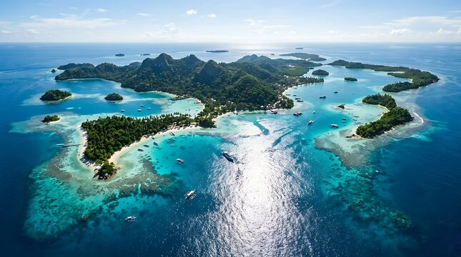 Crystal clear tropical islands are surrounded by turquoise ocean waters viewed from an aerial perspective. Travel destination concept